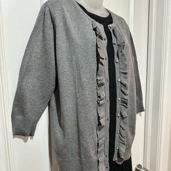 Merona Heather Grey ¾ Sleeve Cardigan w/Front Ruffle and Gem Buttons, Size XL - Picture 3 of 14
